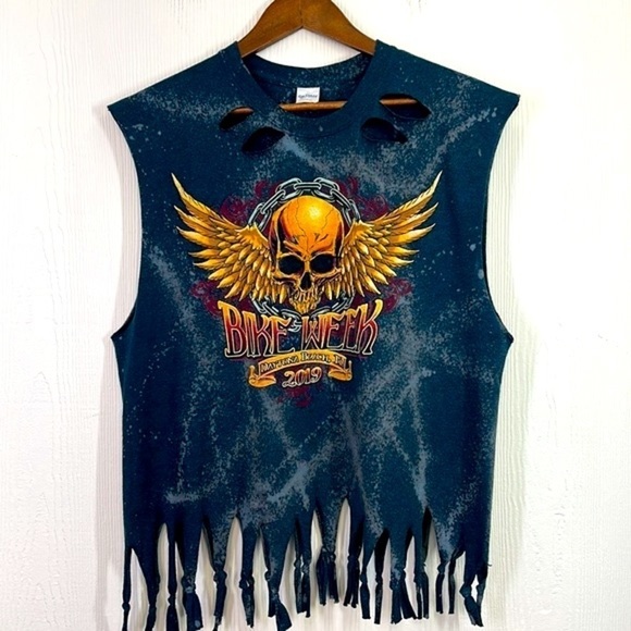 Gildan - 78th 2019 Skull Distressed Fringe Sleeveless Bike Week Daytona Fl Large - Picture 9 of 12